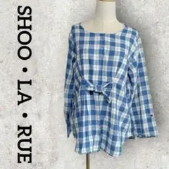 SHOO LA RUE チェック柄チュニック ロールアップ袖カットソー (L)青のサムネイル