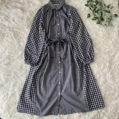ドッキング柄　 シャツワンピース ギンガムチェック×グレンチェック　長袖