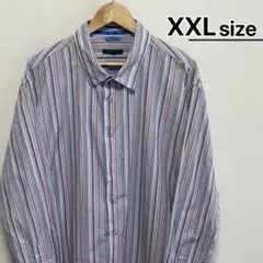 USA古着　ストライプシャツ　長袖　XXL　ホワイト　ブルー　マルチカラー