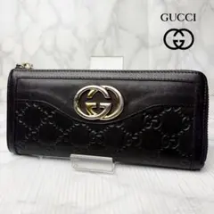 01 美品 GUCCI 長財布 L字ファスナー シマ ダークブラウンのサムネイル