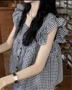 レディース チェック柄 シングルブレスト シャツ 短いパフスリーブ付きSHEIN