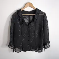 90sヴィンテージ総柄シアーブラウス黒ラメリーフ柄フリル襟リボンY2K古着レトロ