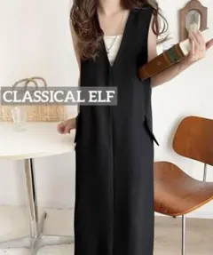 k0495 CLASSICAL ELF ポケット付Vネックワンピース　ブラック