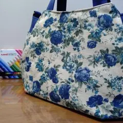 チューリップバッグ　ちょっと小さめ No20　青色系　花柄　ハンドメイド