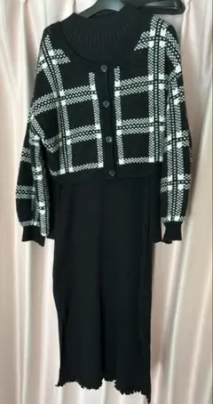 リブ編みロングワンピースとカーディガンセット