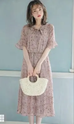 GRL 花柄リボンタイフレアスリーブワンピース