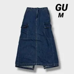GU デニムカーゴロングスカート ブルー Mサイズ バックスリット ウエストゴム