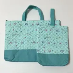 入園入学　ハンドメイド レッスンバッグ&シューズ入れ　リボン柄ミントグリーン