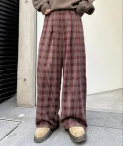 【M 美品】ネルチェックタックボリュームワイドパンツ