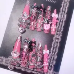 現品ネイルチップ 地雷系量産型　ゴテゴテ　サブカル　姫ギャル　黒ピンク　ロング