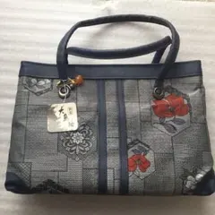 民芸 大島紬 ハンドバッグ 花柄 ネイビー