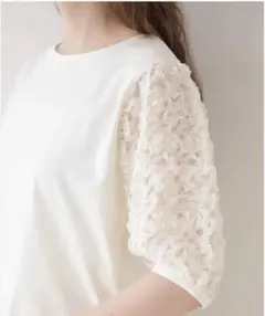 【クチュールブローチ】美品✨二の腕カバー シフォンチュール袖カットソーM 白