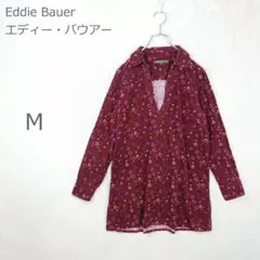 【エディーバウアー】チュニックシャツ 長袖 スキッパー 小花柄 総柄 赤紫 M