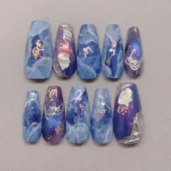 ネイルチップ ニュアンスネイル 大理石風 マグネットネイル ブルー ワンホン