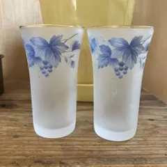 昭和レトロ　フロストガラス コップ 青いブドウ模様 2個セット