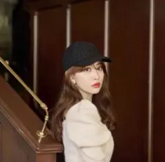 【美品】herlipto Tweed Ribbon Cap black