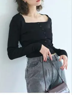 美品 COCA スクエアネック ハイゲージニット カーディガン黒色 Mサイズ