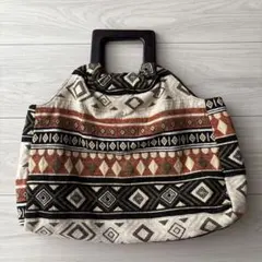 エスニック　幾何学模様 ハンドバッグ 木製ハンドル
