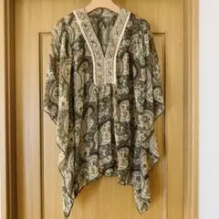 ペイズリー柄 ビーズ＆刺繍入り チュニックブラウス