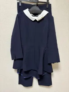 XLサイズ　2way パール付け襟 タックフレアトップス＋パンツセットアップ