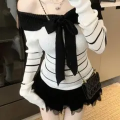 オフショルダー ストライプ ニットセーター Sサイズ
