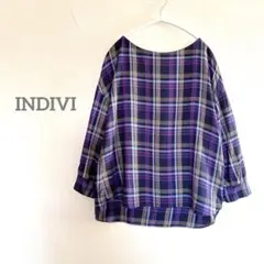 美品　INDIVI レーヨン混　チェックブラウス　パープル　秋物