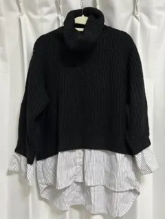 MURUA 黒リブ編みタートルネックニット シャツデザイン