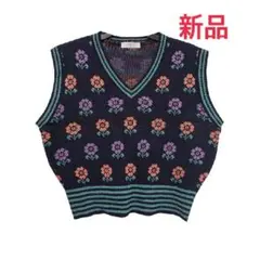 【新品】ニット ベスト フラワー 総柄 Ｖネック オレンジ パープル レトロ