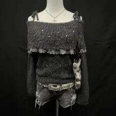 平成ギャル　y2k ホラゲ　オフショル ニット　パール　レース　姫ギャル