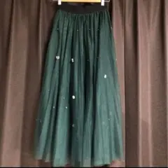 【美品】MANGO グリーン チュール ロングスカート パール＆ビジューのサムネイル