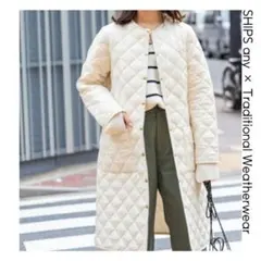 トラディショナルウェザーウェア ノーカラーロングキルティングコート ホワイト