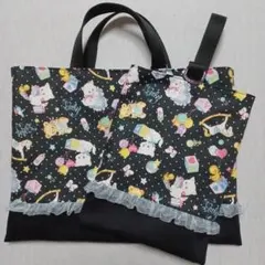 レッスンバックとシューズケース　BABYくまとねこ　水色フリル