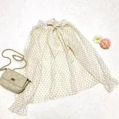 【美品】レイカズン　ドット柄リボン付き長袖ブラウス　シースルー　フリル袖　F
