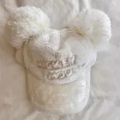 ミッキーマウス ファーキャップ ポンポン付き ディズニー 帽子 白 58cm