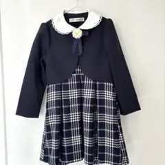 入学式　卒園　ネイビー チェック柄 ドレス ボレロ付き120cm