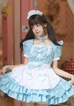 メイド服 コスプレ 水色 ブルー フリル エプロン カチューシャ付 可愛い