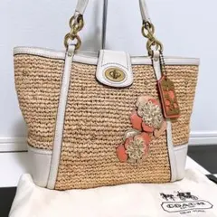 COACH】コーチ カゴバッグ オレンジ ラフィア ストロー トートバッグ
