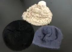 レディース ファーニット帽 ポンポンつき ベレー帽 3点セット