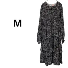 美品 Mサイズ ドット柄 長袖 ワンピース ティアードワンピース ブラック