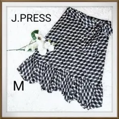 J.PRESS モノトーン 幾何学模様 光沢 リボンベルト ひざ丈 スカート Mのサムネイル