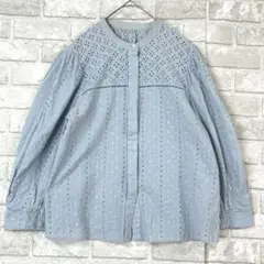 組曲 7分袖 ブラウス M ブルー 刺繍 フェミニン オフィカジ 綿100