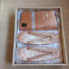 【和装未使用】オレンジ 佐賀織模様 草履 バッグセット