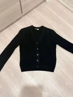 リブ編み 黒 Vネック カーディガン