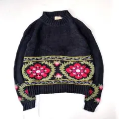 モックネック 花柄 フラワー デザイン 長袖 ニット セーター ブラックY416