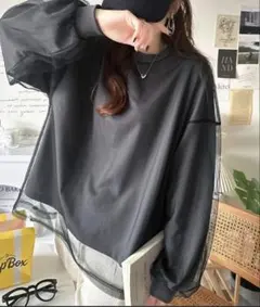 Javaコラボ★ チュール レイヤード バックプリント ミニ 裏毛 長袖 ロンT