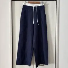 829 ダブルウエスト　レイヤード　パンツ　ストライプ　ネイビー　F