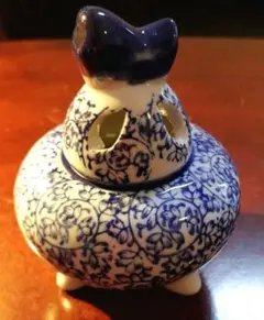 香炉　お香立て　アロマポット　陶器製　青い花柄　新品未使用品