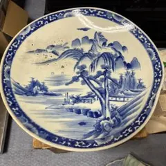 旧家蔵出し 江戸時代 美術品 古伊万里 白磁藍染付 松に鷹に図 飾り大皿