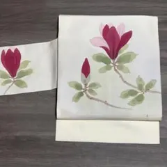 作家物】正絹 塩瀬 名古屋帯 手描き 木蓮に鳥 落款有り 白地 高級帯