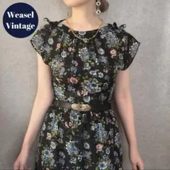 ヴィンテージ レトロ古着 花柄フレンチスリーブワンピース 半袖 黒 ガーリー